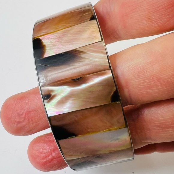 LUSTROUS ABALONE SHELL PANEL MEXICAN SILVER CUFF BANGLE BRACELET - Picture 10 of 10